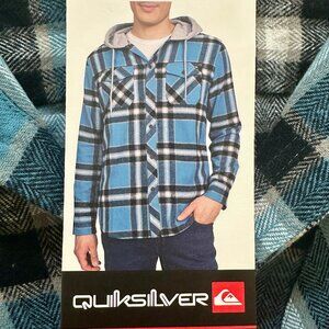Quiksilver Men's Hooded Buttoned Flannel Shirt Size M Blue Plaid Y2K Grunge NEW
